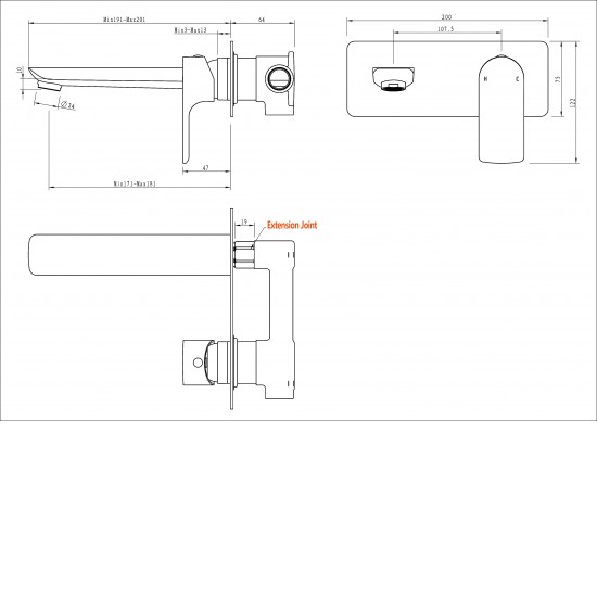 Black Bathtub/Basin Wall Mixer With Spout Wall Mounted Color Up Extend