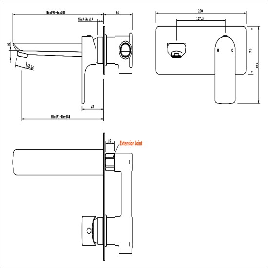 Chrome Bathtub/Basin Wall Mixer With Spout Wall Mounted Color Up Extend