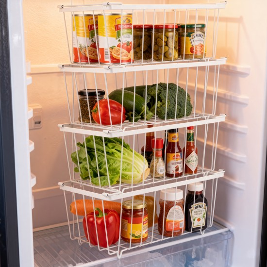 4 Pack Stackable Freezer Storage Baskets Carbon Steel Organizer Bins with Handles