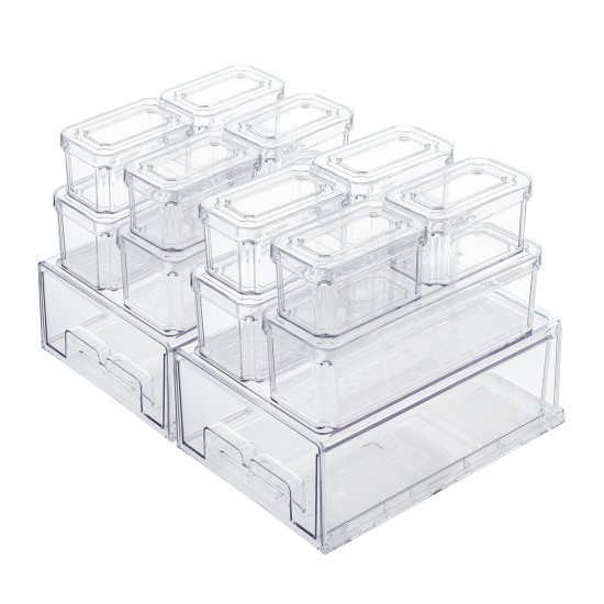 14pcs Stackable BPA-Free Refrigerator Storage Bins Pull Out Storage Drawer with Lids Drain Trays Kitchen Organization Transparent Food Storage Bins Set