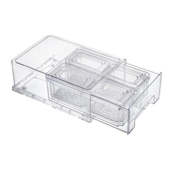 14pcs Stackable BPA-Free Refrigerator Storage Bins Pull Out Storage Drawer with Lids Drain Trays Kitchen Organization Transparent Food Storage Bins Set