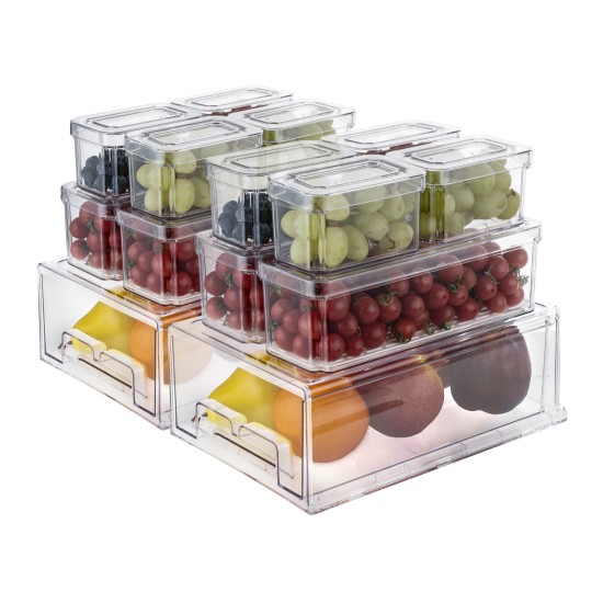 14pcs Stackable BPA-Free Refrigerator Storage Bins Pull Out Storage Drawer with Lids Drain Trays Kitchen Organization Transparent Food Storage Bins Set
