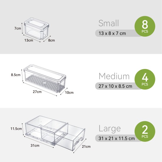 14pcs Stackable BPA-Free Refrigerator Storage Bins Pull Out Storage Drawer with Lids Drain Trays Kitchen Organization Transparent Food Storage Bins Set