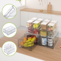 14pcs Stackable BPA-Free Refrigerator Storage Bins Pull Out Storage Drawer with Lids Drain Trays Kitchen Organization Transparent Food Storage Bins Set