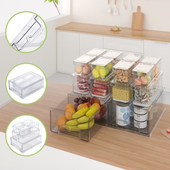 14pcs Stackable BPA-Free Refrigerator Storage Bins Pull Out Storage Drawer with Lids Drain Trays Kitchen Organization Transparent Food Storage Bins Set