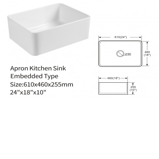 610*460*255mm Ceramic Butler Sink Single Bowl Farmhouse Kitchen Laundry Sink Apron Front