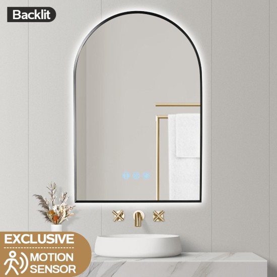 600x900mm Backlit Gunmetal Grey Frame Arched LED Wall Mirror Motion Sensor Switch