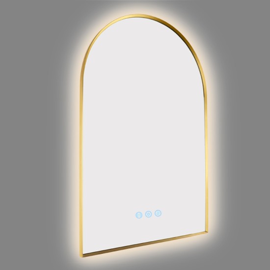 600x900mm Backlit Brushed Yellow Gold Frame Arched LED Wall Mirror Motion Sensor Switch