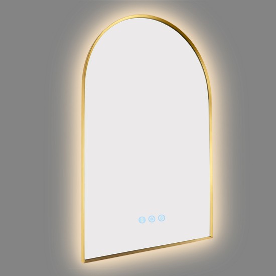 600x900mm Backlit Brushed Yellow Gold Frame Arched LED Wall Mirror Motion Sensor Switch