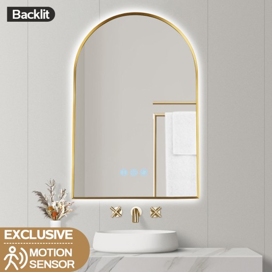 600x900mm Backlit Brushed Yellow Gold Frame Arched LED Wall Mirror Motion Sensor Switch