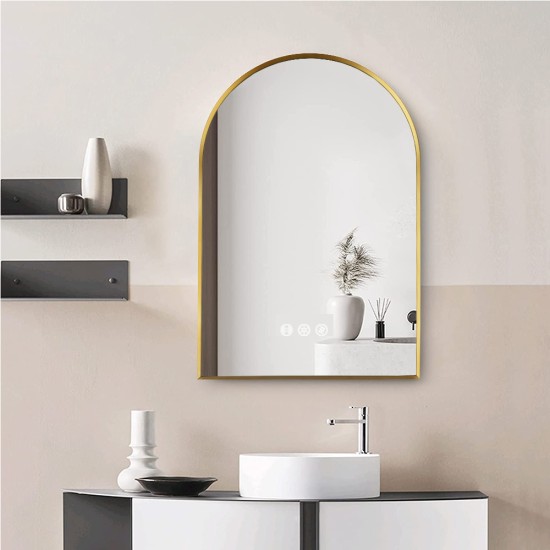 600x900mm Backlit Brushed Yellow Gold Frame Arched LED Wall Mirror Motion Sensor Switch