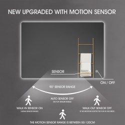 750x600mm Rectangle LED Mirror with Motion Sensor Demister Backlit Touch Switch 3 Colours Lighting Frameless