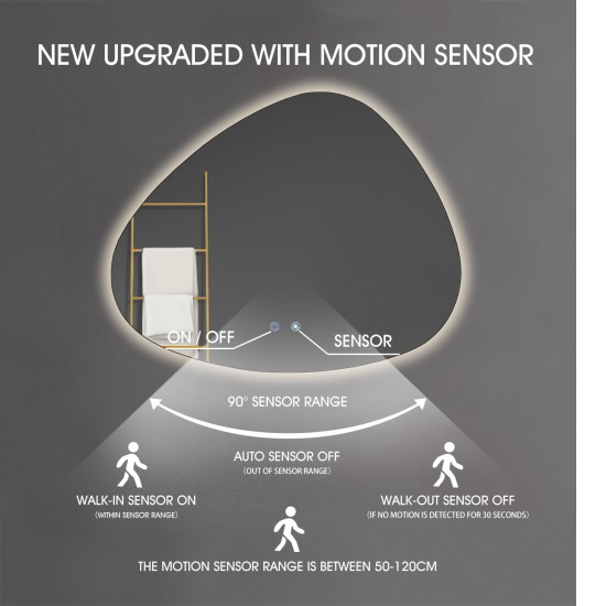 1210x990mm Special LED Wall Mirror with Motion Sensor Auto On Demister Touch Switch 3 Colours Lighting on 20mm Rim