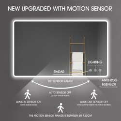 1200x750mm Rectangle LED Mirror with Motion Sensor Auto On Demister Touch Sensor Switch