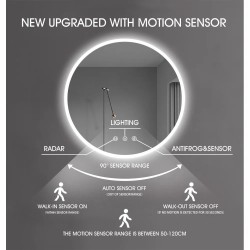 600mm Round LED Wall Mirror with Motion Sensor And Dimister Touch Switch 3 Colours Lighting on 20mm Rim