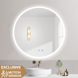 900mm Round LED Wall Mirror with Motion Sensor Auto On Demister Touch Switch 3 Colours Lighting on 20mm Rim
