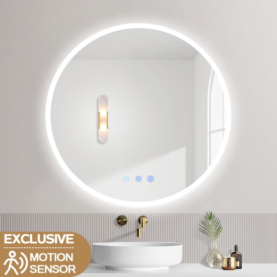 900mm Round LED Wall Mirror with Motion Sensor Auto On Demister Touch Switch 3 Colours Lighting on 20mm Rim