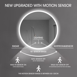 900mm Round LED Wall Mirror with Motion Sensor Auto On Demister Touch Switch 3 Colours Lighting on 20mm Rim