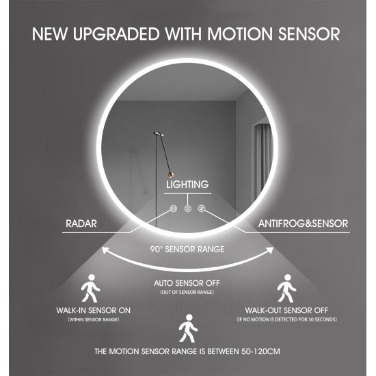 900mm Round LED Wall Mirror with Motion Sensor Auto On Demister Touch Switch 3 Colours Lighting on 20mm Rim