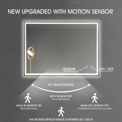 900x750x40mm Rectangle LED Mirror with Motion Sensor Auto On Demister Touch Sensor Switch Wall Mounted Horizontal or Vertically