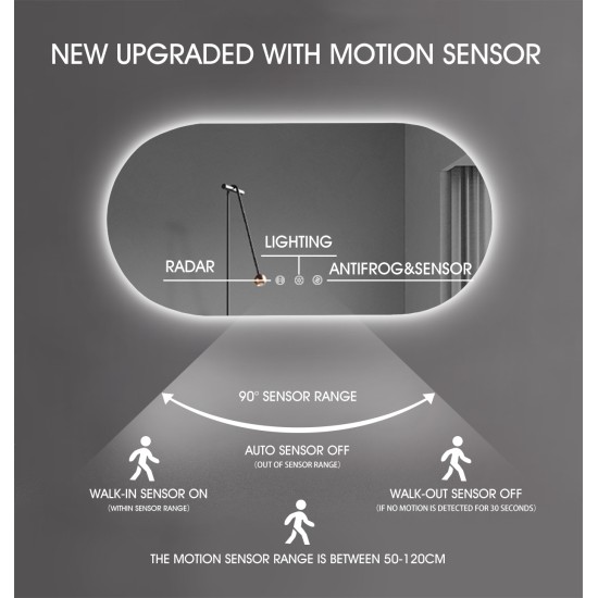 1200x600mm Backlit Led Mirror Oblong Racetrack Motion Sensor Demister Touch Sensor Switch