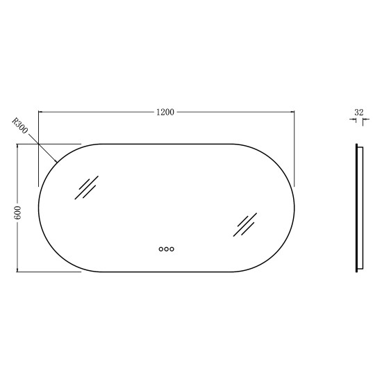 1200x600mm Backlit Led Mirror Oblong Racetrack Motion Sensor Demister Touch Sensor Switch