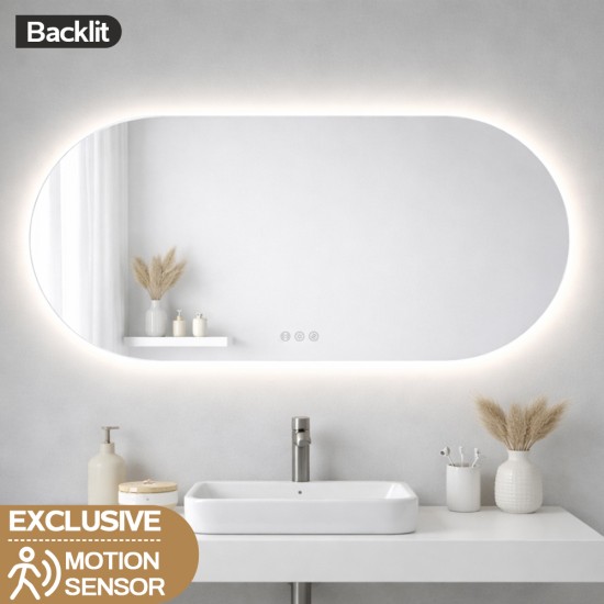 1500x750mm Backlit Led Mirror Oblong Racetrack Motion Sensor Demister Touch Sensor Switch