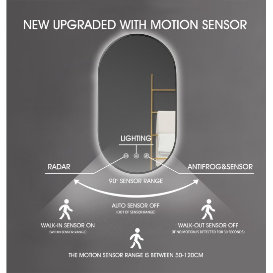 500x900mm Backlit Gunmetal Grey Frame Oval Led Mirror Oblong Racetrack Motion Sensor Auto On