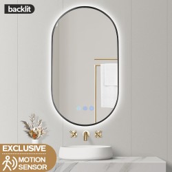 500x900mm Backlit Gunmetal Grey Frame Oval Led Mirror Oblong Racetrack Motion Sensor Auto On