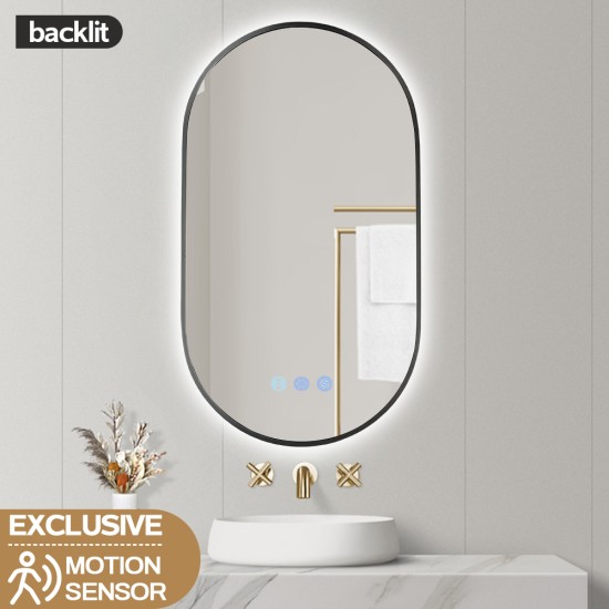 500x900mm Backlit Gunmetal Grey Frame Oval Led Mirror Oblong Racetrack Motion Sensor Auto On