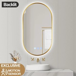 500x900mm Backlit Brushed Yellow Gold Frame Led Mirror Oblong Racetrack Motion Sensor Auto Switch