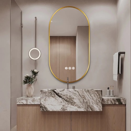 500x900mm Backlit Brushed Yellow Gold Frame Led Mirror Oblong Racetrack Motion Sensor Auto Switch