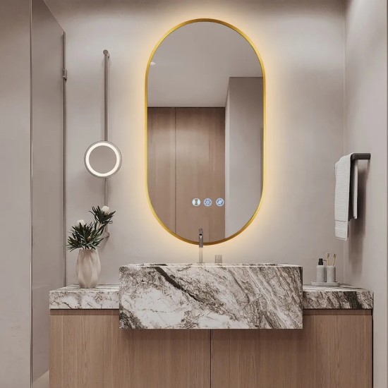 500x900mm Backlit Brushed Yellow Gold Frame Led Mirror Oblong Racetrack Motion Sensor Auto Switch