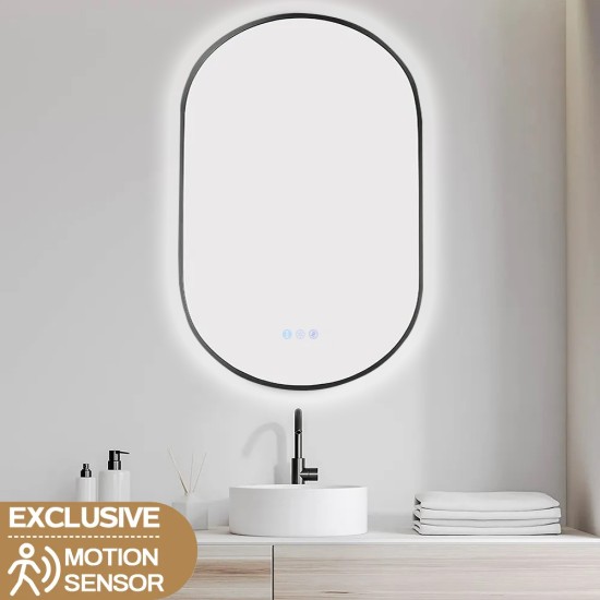 600x900mm Backlit Gunmetal Grey Frame Oval Led Mirror Oblong Racetrack Motion Sensor Auto On