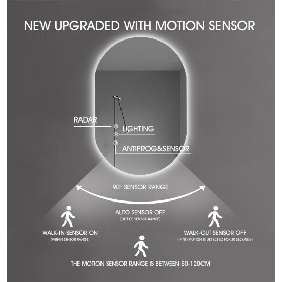 600x900mm Backlit Led Mirror Oblong Racetrack Motion Sensor Demister Touch Sensor Switch