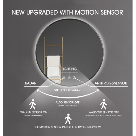 900mm Backlit Yellow Gold Frame Round LED Mirror with Motion Sensor Switch