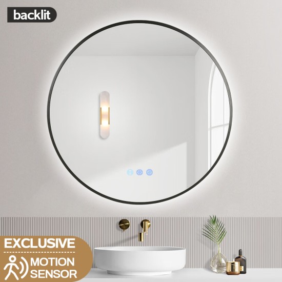 900mm Backlit Gunmetal Grey Frame Round LED Mirror with Motion Sensor Auto On