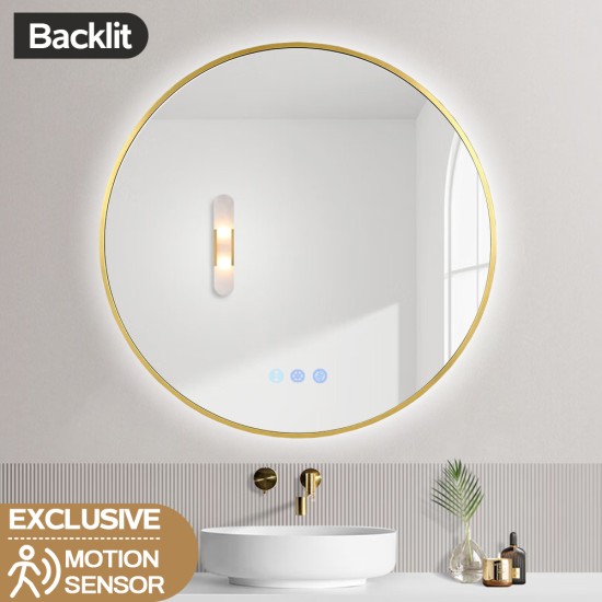 700mm Backlit Yellow Gold Frame Round LED Mirror with Motion Sensor Switch