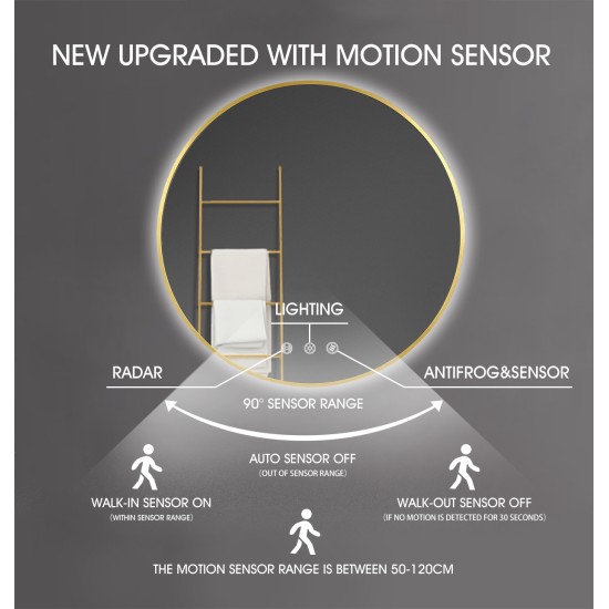 700mm Backlit Yellow Gold Frame Round LED Mirror with Motion Sensor Switch