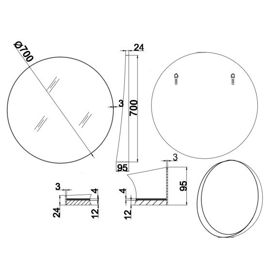 700mm Round Bathroom Vanity Decor MDF Frame Wall Mirror 2 Bracket Storage Shelf Half Moon Border