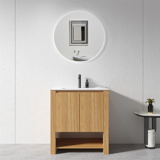 MK 750x460x860mm Light Oak Floor Standing Vanity with Ceramic Basin