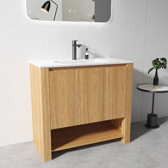 MK 900x460x860mm Light Oak Floor Standing Vanity with Ceramic Basin