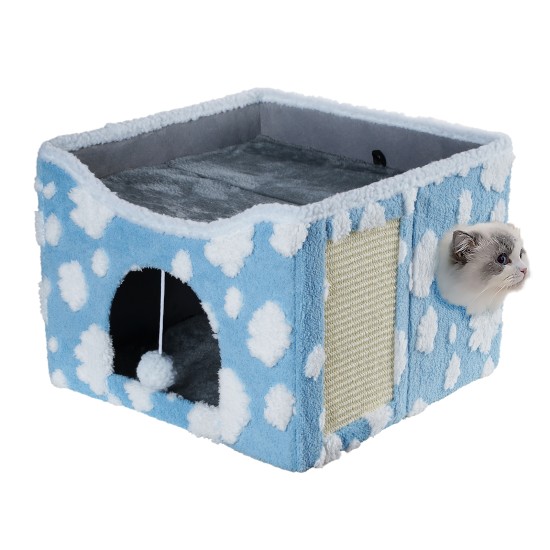 Sky Patter Double-Layer Cat House with Scratching Mat Foldable Enclosed Cat Cave Pet Cube House Nest for Indoor