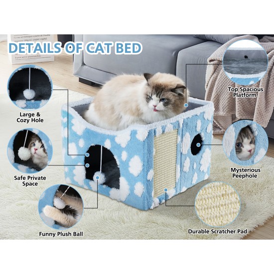 Sky Patter Double-Layer Cat House with Scratching Mat Foldable Enclosed Cat Cave Pet Cube House Nest for Indoor