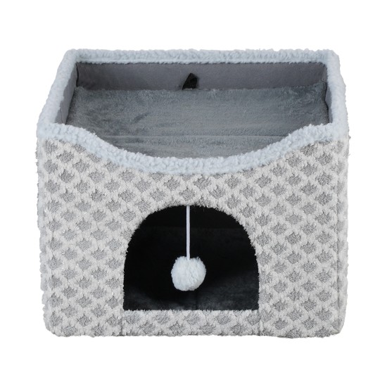 Gray Diamond Pattern Double-Layer Cat House with Scratching Mat Foldable Enclosed Cat Cave Pet Cube House Nest for Indoor