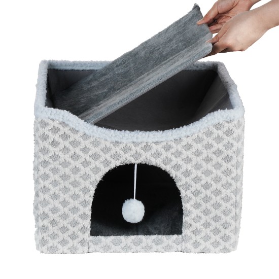 Gray Diamond Pattern Double-Layer Cat House with Scratching Mat Foldable Enclosed Cat Cave Pet Cube House Nest for Indoor