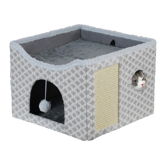 Gray Diamond Pattern Double-Layer Cat House with Scratching Mat Foldable Enclosed Cat Cave Pet Cube House Nest for Indoor