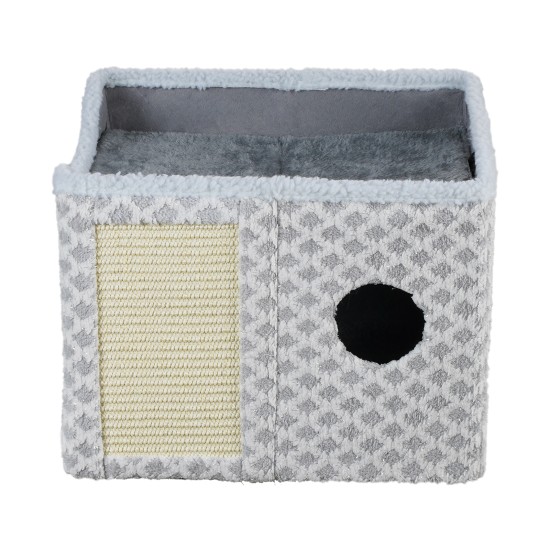 Gray Diamond Pattern Double-Layer Cat House with Scratching Mat Foldable Enclosed Cat Cave Pet Cube House Nest for Indoor