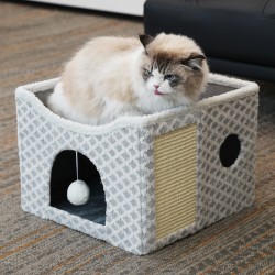 Gray Diamond Pattern Double-Layer Cat House with Scratching Mat Foldable Enclosed Cat Cave Pet Cube House Nest for Indoor