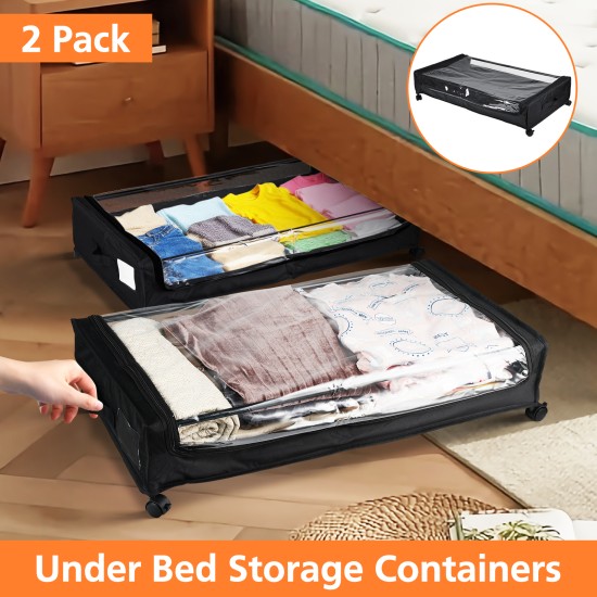 2 PCS Under Bed Storage Containers with Wheels with Clear Lids Rolling Trolley Box Organizer for Shoes Clothes Blankets Black
